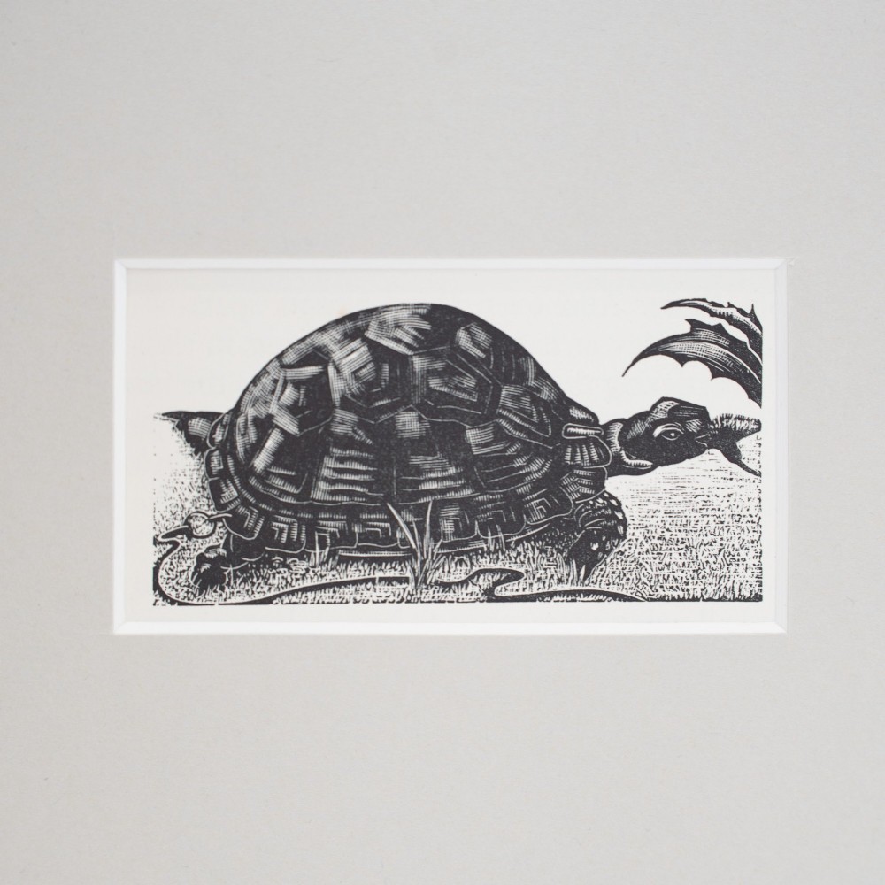 A monochrome wood engraving depicting a tortoise walking across textured ground beside foliage, presented within a light grey mount. View II