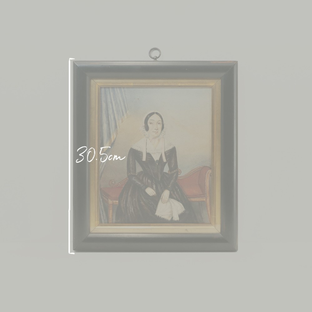 A pair of mid-19th century framed folk art portraits depicting a seated woman and man in period clothing. View IV
