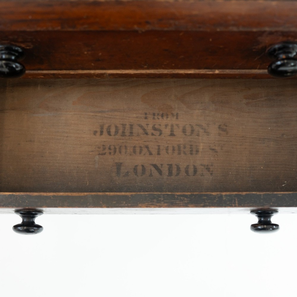 A Victorian mahogany and pine linen press featuring a central wooden screw mechanism over two small drawers with turned black knobs and four square legs. View X