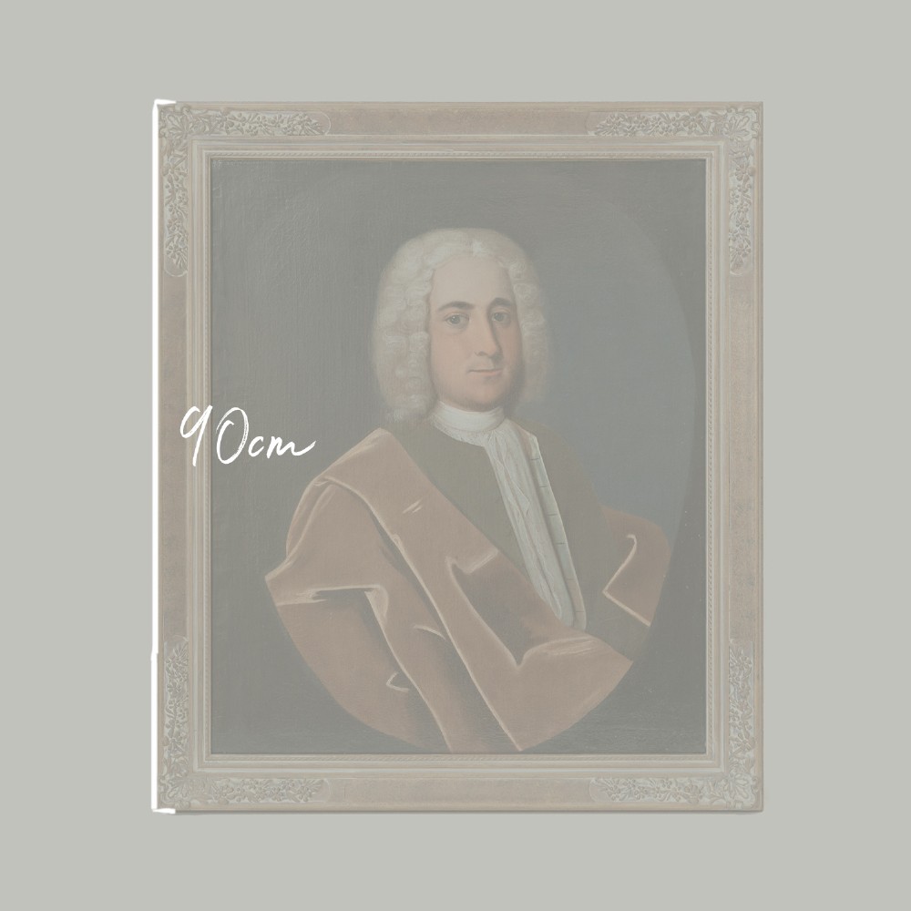 An 18th-century oil portrait on canvas depicting a gentleman in a powdered wig, white cravat, and draped brown mantle, presented in an ornate gilt frame. View II