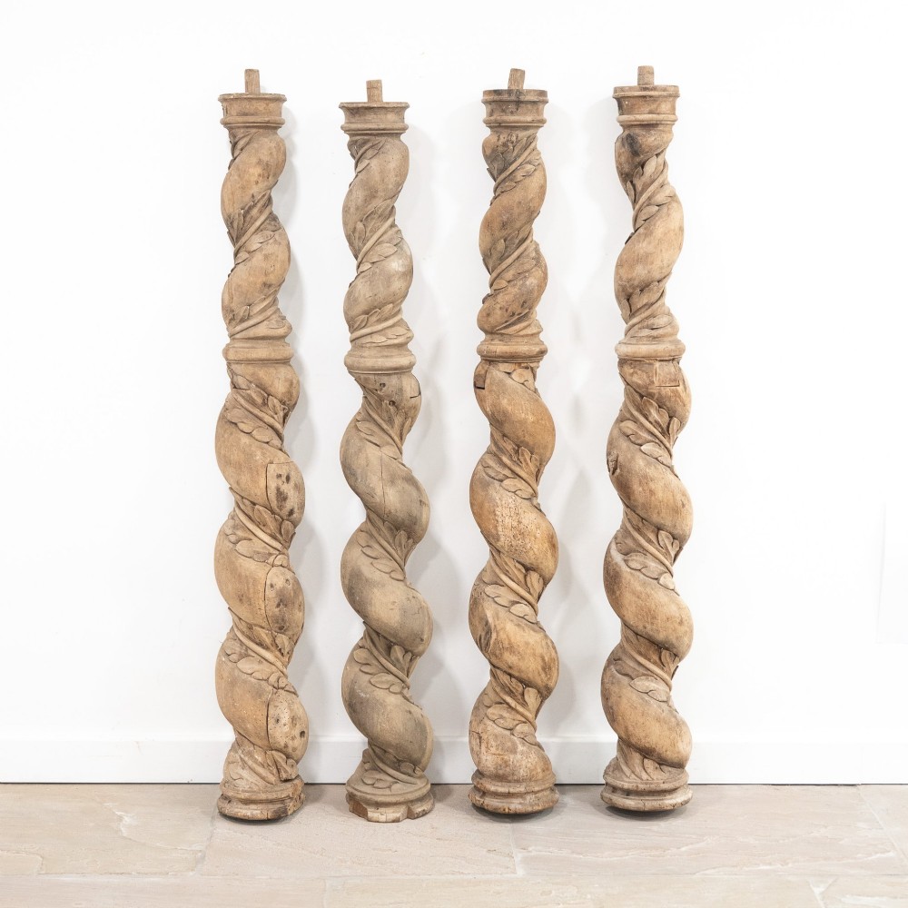 Set of Four Continental 18th Century Poplar Wrythen Columns, circa 1740–1780