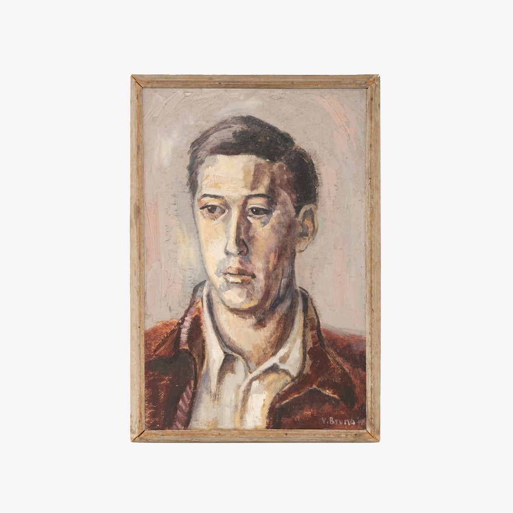 A mid-century oil painting depicting a young man in a collar shirt and jacket, set within a simple wooden frame.