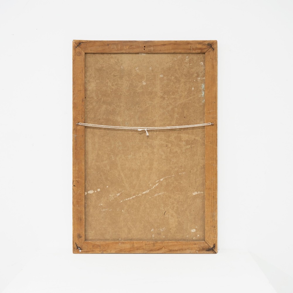 A mid-century oil painting depicting a young man in a collar shirt and jacket, set within a simple wooden frame. View III