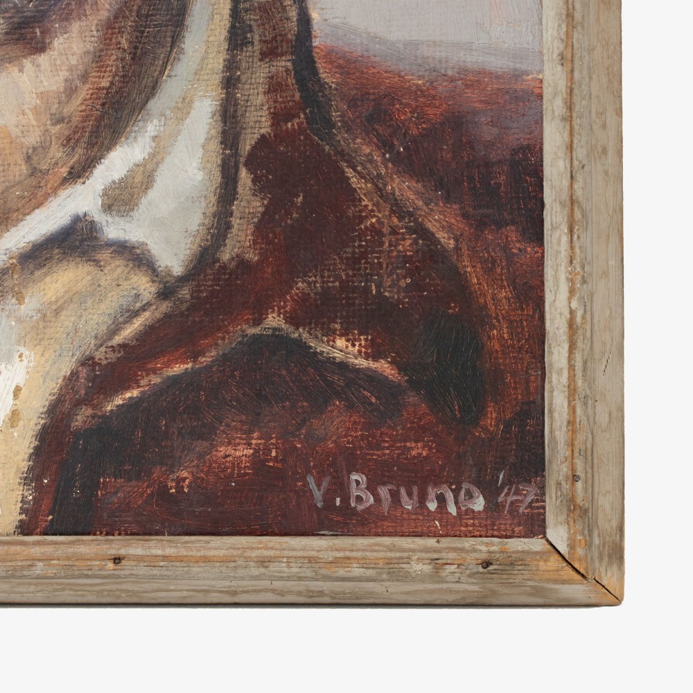 A mid-century oil painting depicting a young man in a collar shirt and jacket, set within a simple wooden frame. View IV