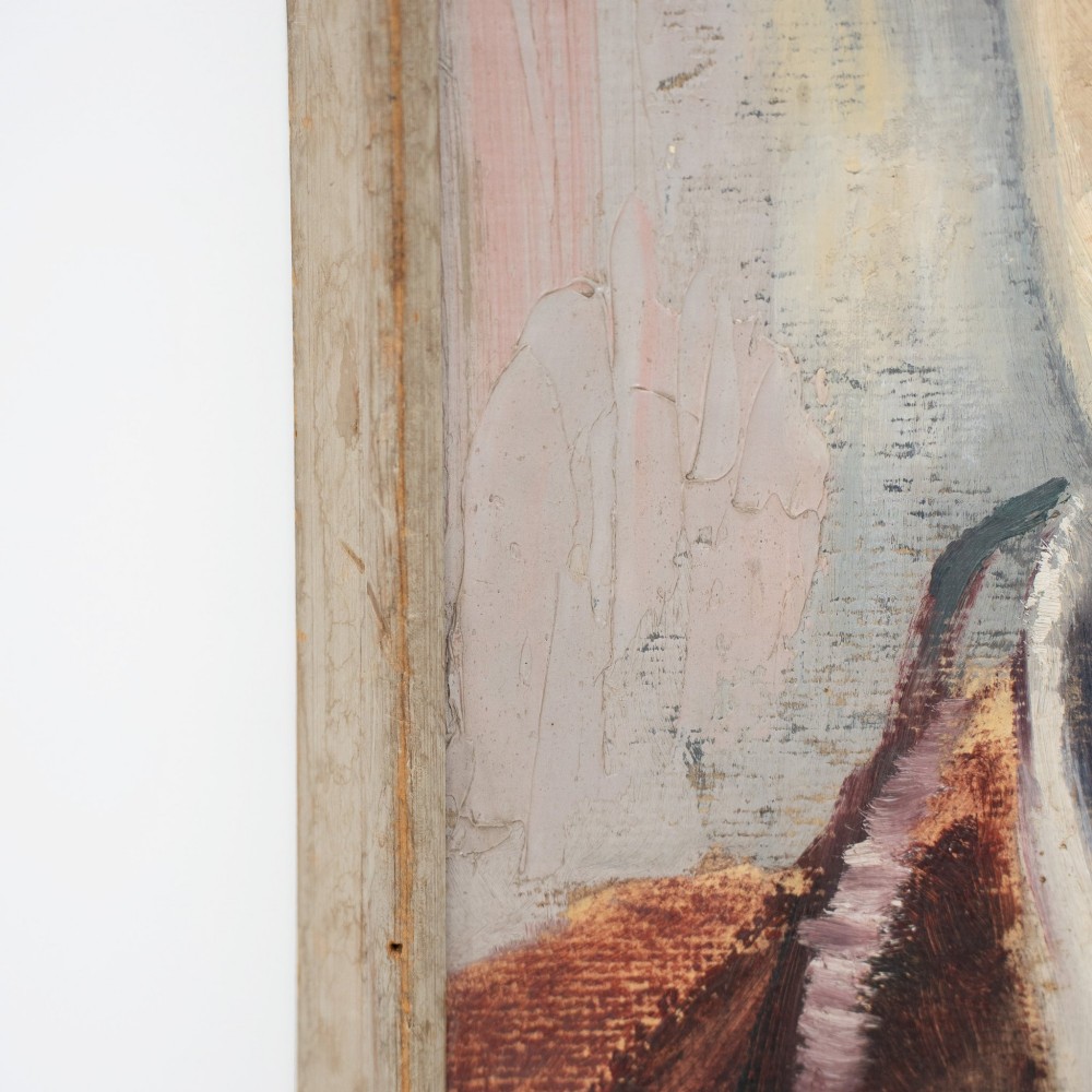 A mid-century oil painting depicting a young man in a collar shirt and jacket, set within a simple wooden frame. View V