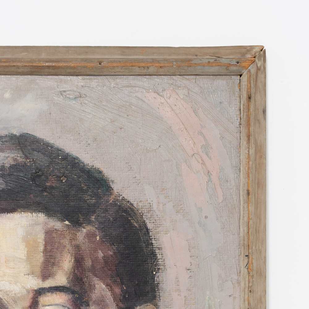 A mid-century oil painting depicting a young man in a collar shirt and jacket, set within a simple wooden frame. View VI