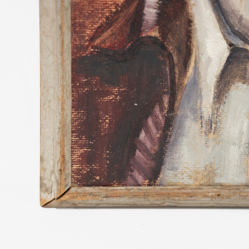 A mid-century oil painting depicting a young man in a collar shirt and jacket, set within a simple wooden frame. View VII