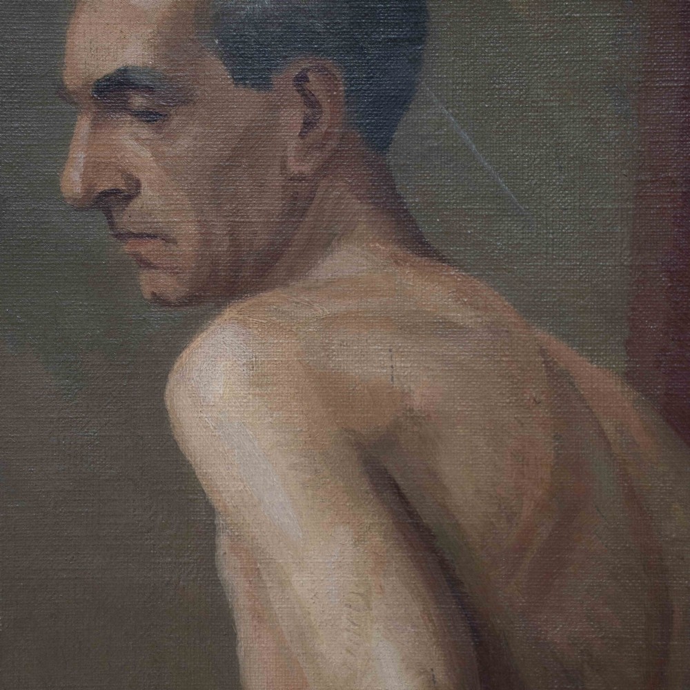 An oil painting on canvas depicting a seated male life model in profile against a green and red draped background. View V
