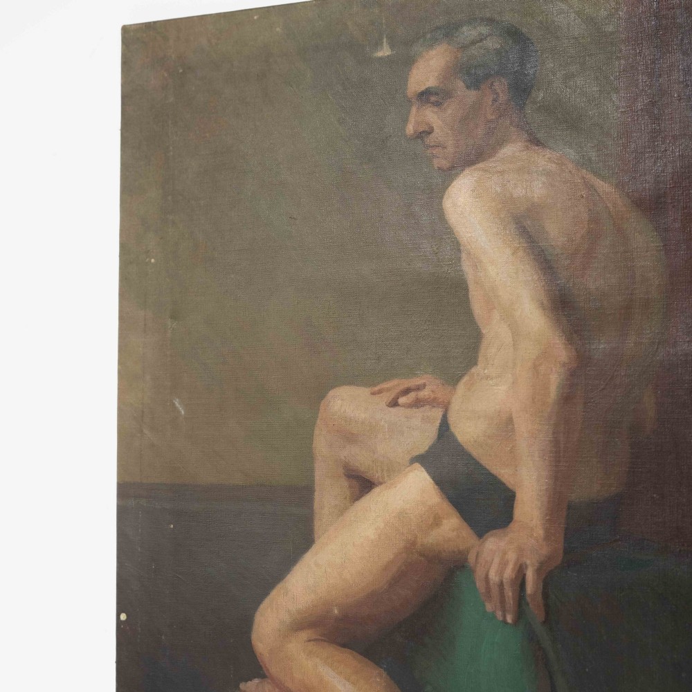 An oil painting on canvas depicting a seated male life model in profile against a green and red draped background. View VI