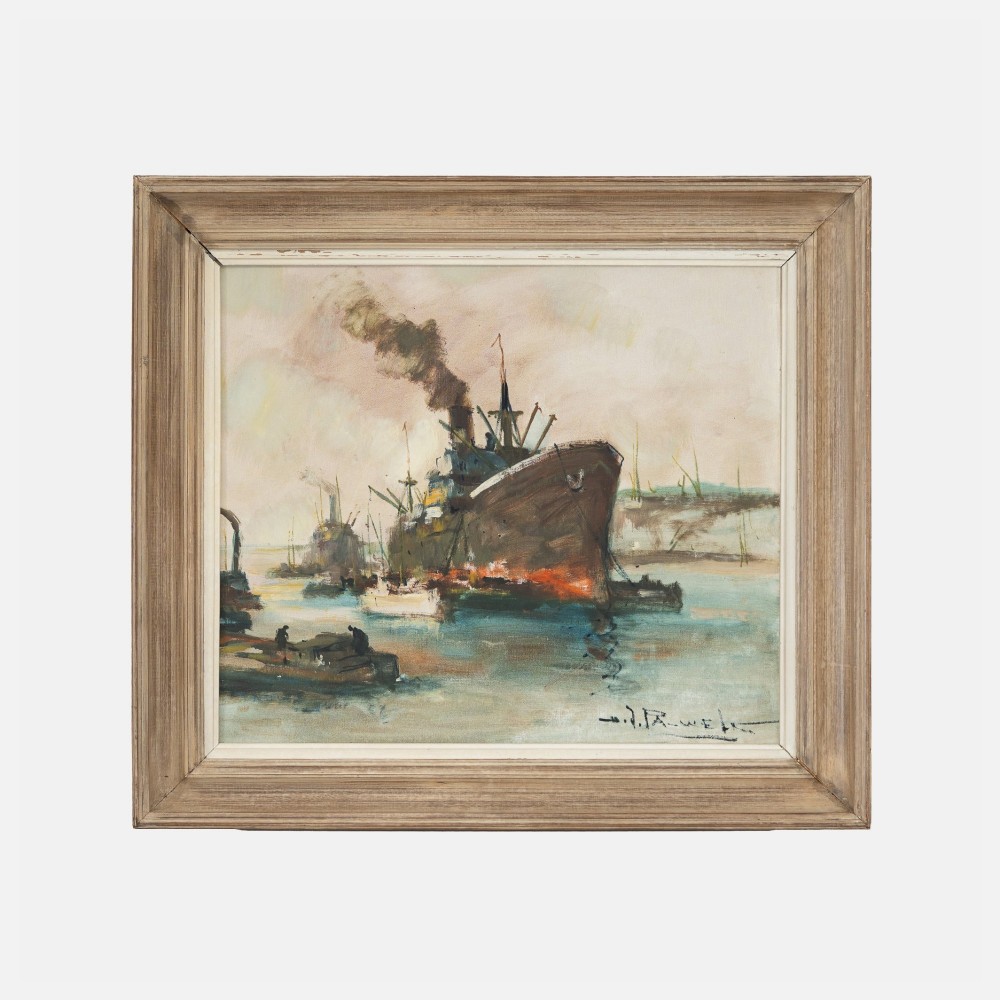A framed Post-Impressionist oil painting on canvas depicting steamships in a busy harbour by Belgian artist Henri Joseph Pauwels.