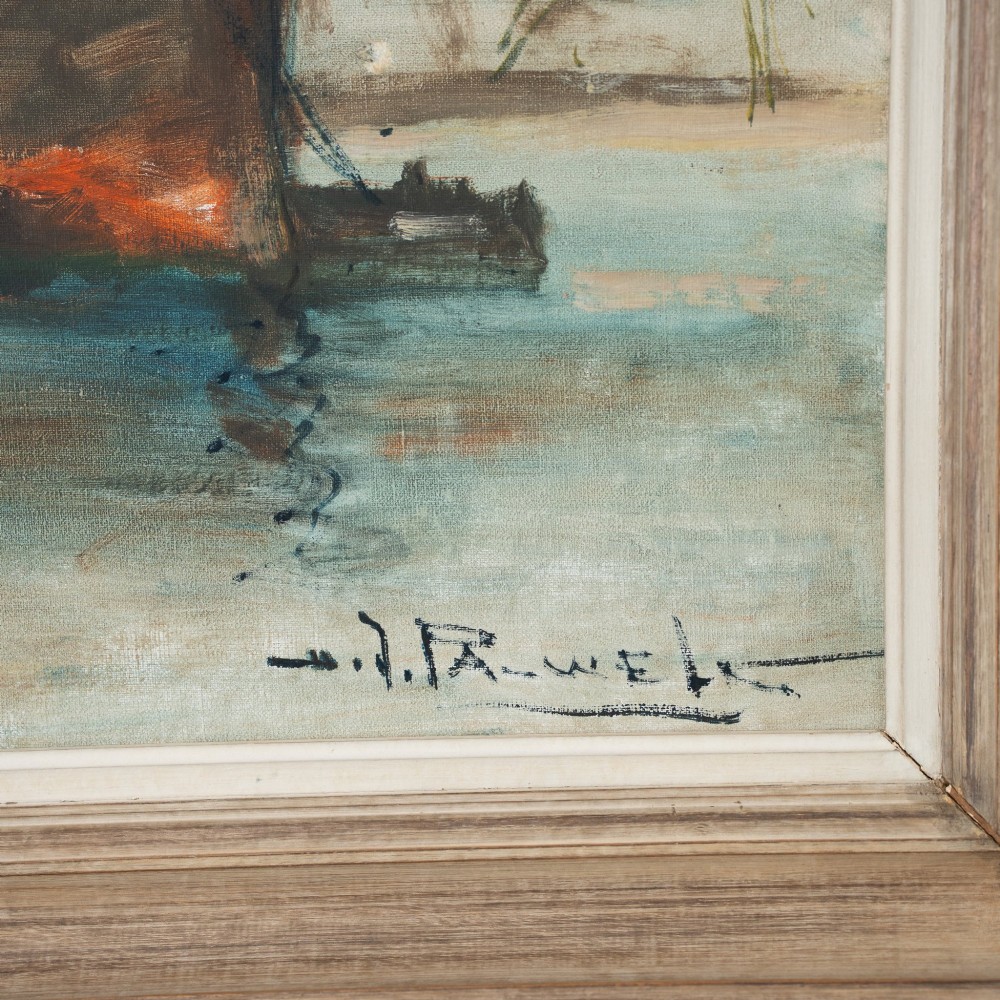 A framed Post-Impressionist oil painting on canvas depicting steamships in a busy harbour by Belgian artist Henri Joseph Pauwels. View II