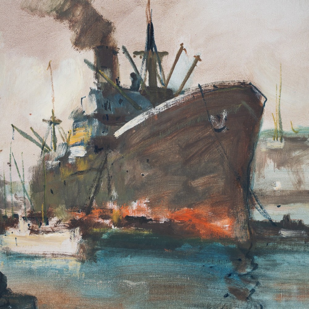 A framed Post-Impressionist oil painting on canvas depicting steamships in a busy harbour by Belgian artist Henri Joseph Pauwels. View III
