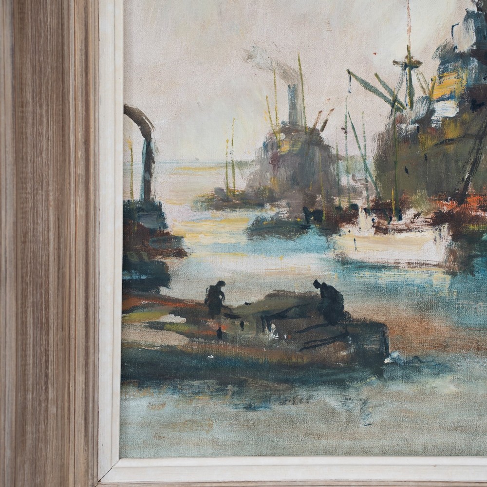 A framed Post-Impressionist oil painting on canvas depicting steamships in a busy harbour by Belgian artist Henri Joseph Pauwels. View IV