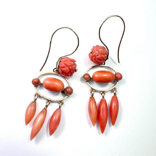 ANTIQUE CORAL TORPEDO DROP 9CT GOLD EARRINGS - ADDITIONAL PHOTO 1