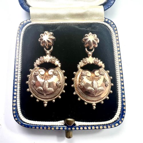 reserved for t to 19 june victorian 1880s fleur de lis earrings in 9ct gold - CATEGORY: ANTIQUE JEWELLERY - DATED 1880