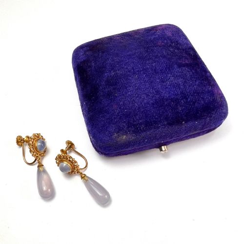 VICTORIAN CHALCEDONY DROP 9CT GOLD CANNETILLE EARRINGS - ADDITIONAL PHOTO 2