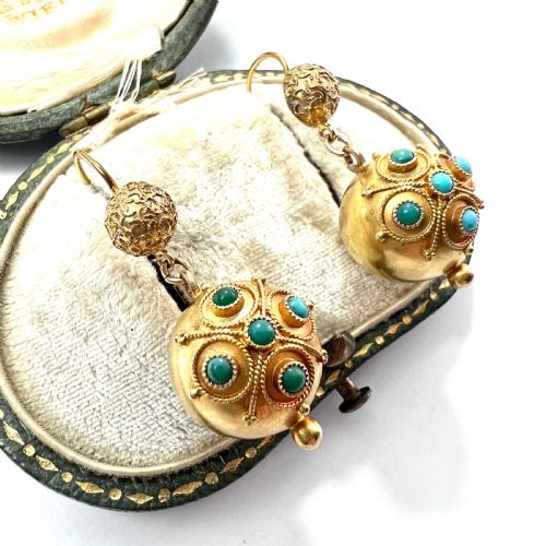 RESERVED FOR DR TO 1 AUG VICTORIAN HIGH CARAT GOLD TURQUOISE ORB EARRINGS - ADDITIONAL PHOTO 1