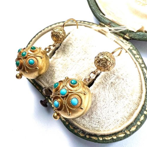 RESERVED FOR DR TO 1 AUG VICTORIAN HIGH CARAT GOLD TURQUOISE ORB EARRINGS - ADDITIONAL PHOTO 2