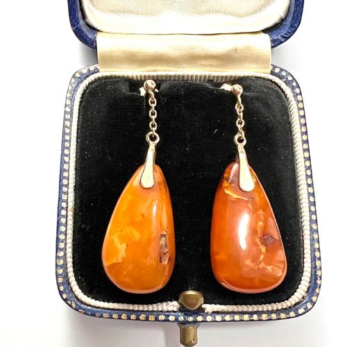 reserved edwardian amber teardrop earrings in 9ct gold - CATEGORY: ANTIQUE JEWELLERY - DATED EDWARDIAN