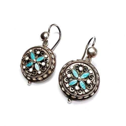 ART NOUVEAU SILVER FILIGREE TURQUOISE ENAMEL EARRINGS - ADDITIONAL PHOTO 1