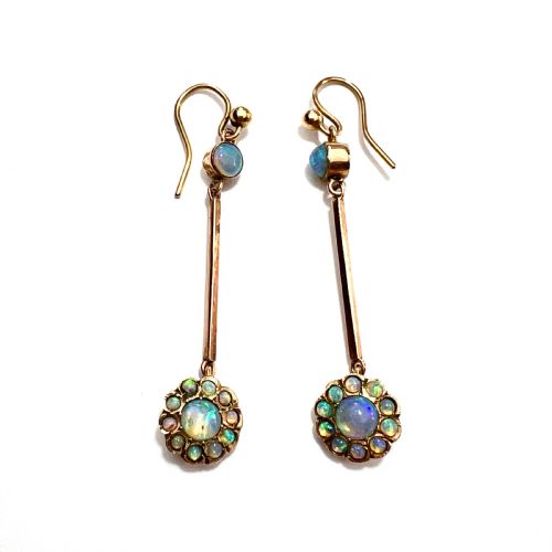 9CT GOLD EDWARDIAN OPAL CLUSTER LONG DROP EARRINGS - ADDITIONAL PHOTO 2