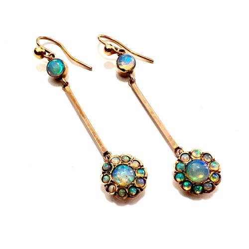 9CT GOLD EDWARDIAN OPAL CLUSTER LONG DROP EARRINGS - ADDITIONAL PHOTO 4
