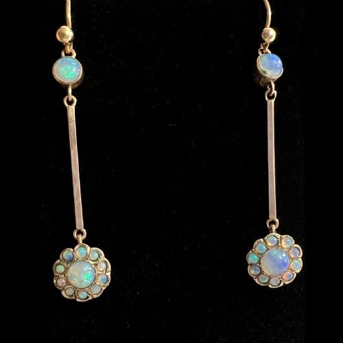 9CT GOLD EDWARDIAN OPAL CLUSTER LONG DROP EARRINGS - ADDITIONAL PHOTO 5