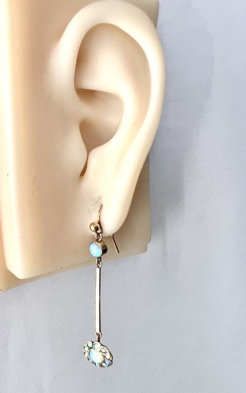 9CT GOLD EDWARDIAN OPAL CLUSTER LONG DROP EARRINGS - ADDITIONAL PHOTO 8
