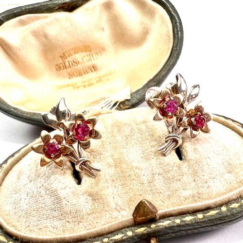 VINTAGE 9CT GOLD RUBY FLOWER EARRINGS BY CROPP FARR - ADDITIONAL PHOTO 1