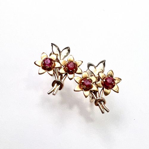VINTAGE 9CT GOLD RUBY FLOWER EARRINGS BY CROPP FARR - ADDITIONAL PHOTO 3