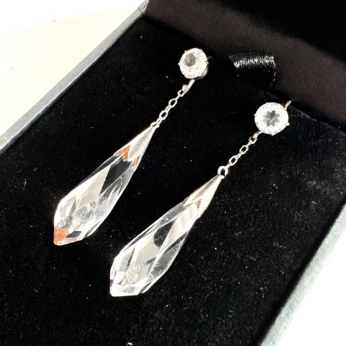 EDWARDIAN 9CT GOLD AND SILVER ROCK CRYSTAL CHAIN DROP EARRINGS - ADDITIONAL PHOTO 2