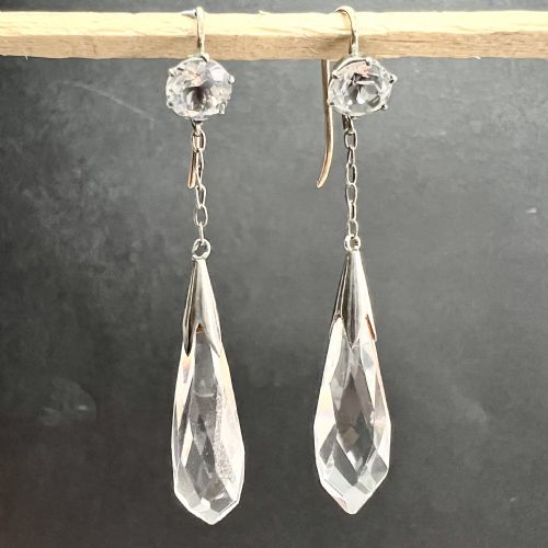 EDWARDIAN 9CT GOLD AND SILVER ROCK CRYSTAL CHAIN DROP EARRINGS - ADDITIONAL PHOTO 6