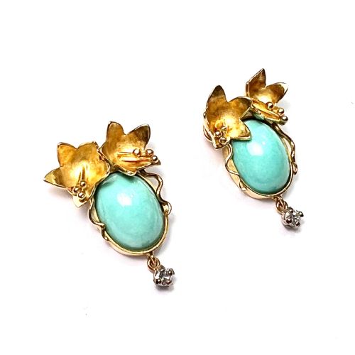 18CT GOLD AND DIAMOND ART NOUVEAU STYLE FLOWER EARRINGS - ADDITIONAL PHOTO 2