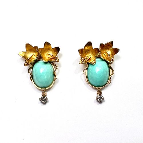 18CT GOLD AND DIAMOND ART NOUVEAU STYLE FLOWER EARRINGS - ADDITIONAL PHOTO 3