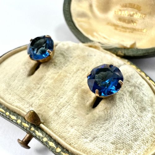 VINTAGE 9CT GOLD PASTE SAPPHIRE DORMEUSE EARRINGS - ADDITIONAL PHOTO 6