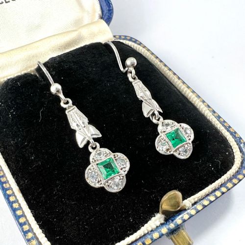 RESERVED ART DECO 9CT WHITE GOLD EMERALD PASTE EARRINGS - ADDITIONAL PHOTO 1