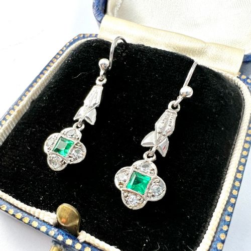 RESERVED ART DECO 9CT WHITE GOLD EMERALD PASTE EARRINGS - ADDITIONAL PHOTO 2