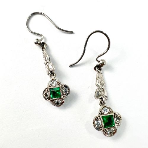RESERVED ART DECO 9CT WHITE GOLD EMERALD PASTE EARRINGS - ADDITIONAL PHOTO 5