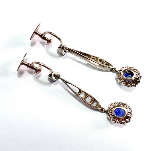EDWARDIAN SAPPHIRE CLUSTER SILVER AND GOLD SCREWBACK EARRINGS - ADDITIONAL PHOTO 4