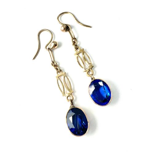 edwardian sapphire drop 9ct gold earrings - CATEGORY: ANTIQUE JEWELLERY - DATED EDWARDIAN