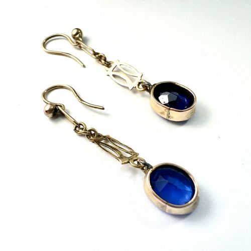 EDWARDIAN SAPPHIRE DROP 9CT GOLD EARRINGS - ADDITIONAL PHOTO 1