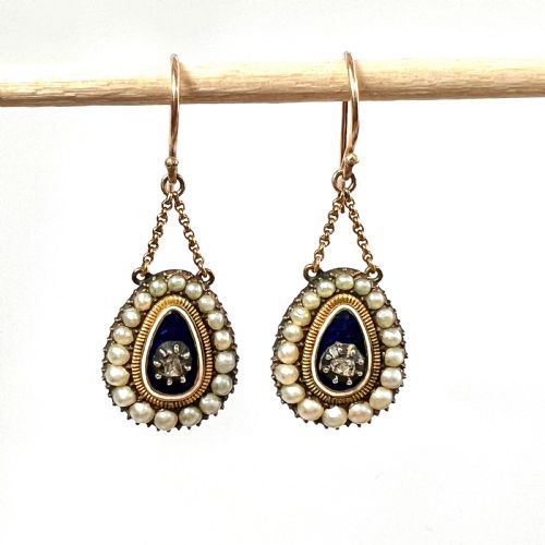GEORGIAN DIAMOND AND PEARL BLUE ENAMEL CHAIN DROP EARRINGS - ADDITIONAL PHOTO 2