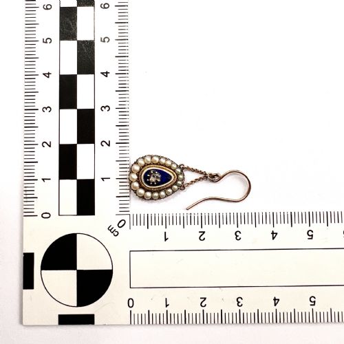 GEORGIAN DIAMOND AND PEARL BLUE ENAMEL CHAIN DROP EARRINGS - ADDITIONAL PHOTO 4