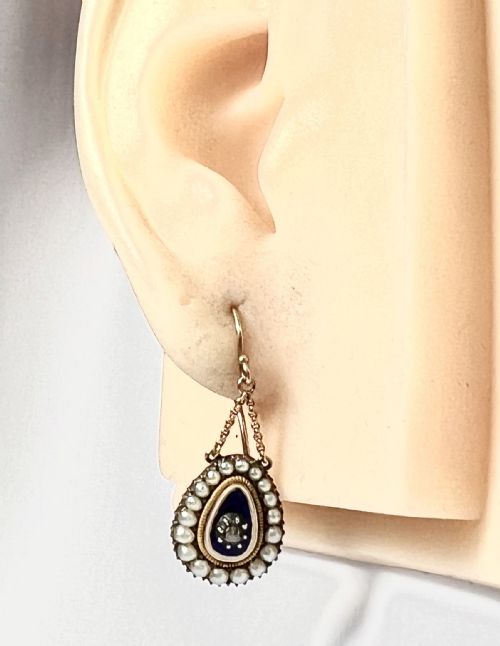 GEORGIAN DIAMOND AND PEARL BLUE ENAMEL CHAIN DROP EARRINGS - ADDITIONAL PHOTO 5