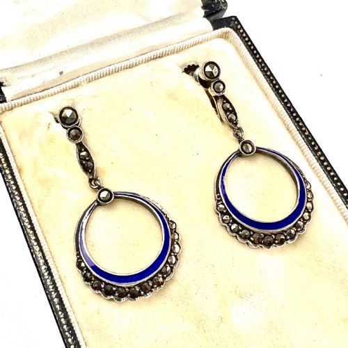 ART DECO BLUE ENAMEL MARCASITE SCREWBACK EARRINGS - ADDITIONAL PHOTO 3