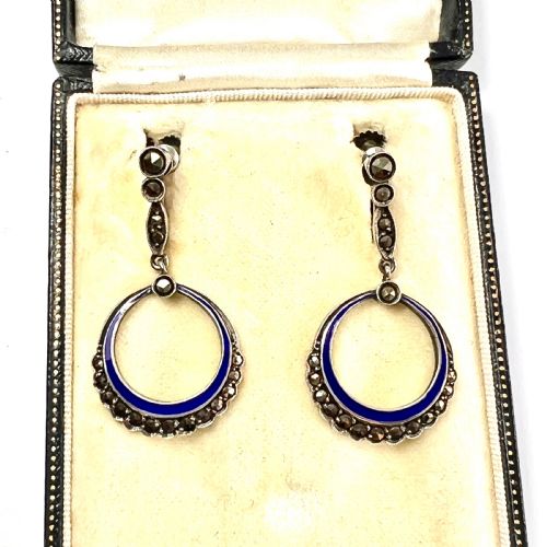 ART DECO BLUE ENAMEL MARCASITE SCREWBACK EARRINGS - ADDITIONAL PHOTO 4