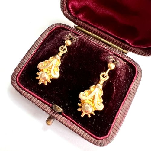 antique 9ct gold etruscan style drop earrings - CATEGORY: ANTIQUE JEWELLERY - DATED VICTORIAN