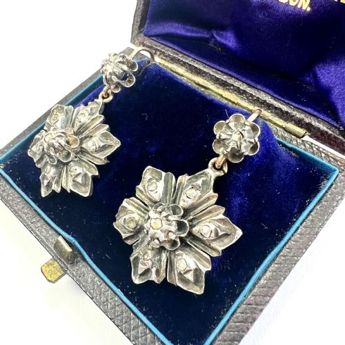 SILVER AND GOLD GEORGIAN ROSE CUT DIAMOND FLOWER EARRINGS - ADDITIONAL PHOTO 1
