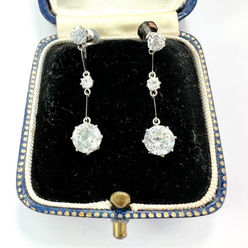 art deco zircon 9ct white gold screwback earrings - CATEGORY: ANTIQUE JEWELLERY - DATED 1930