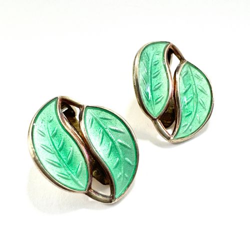 vintage david andersen green leaf enamel silver ear clips - CATEGORY: ANTIQUE JEWELLERY - DATED 1950